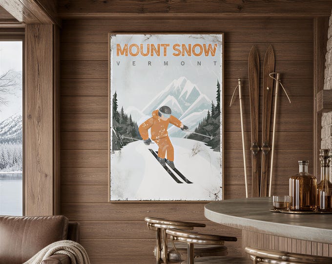 Custom Mount Snow Poster: Vintage Ski Art with Rustic Maple Frame