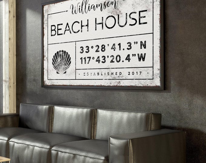 vintage BEACH HOUSE sign > custom lattitude longitude coordinates, family name and year established, canvas print for beachhouse decor {gdw}