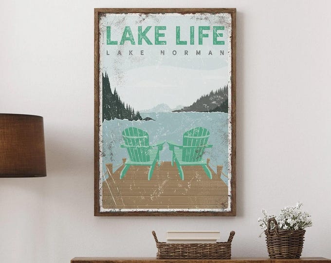 Lake Life Canvas Sign, Retro Adirondack Chairs (Personalized Text)