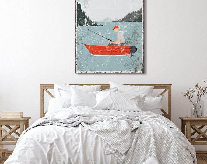 Custom Lake Sign - Vintage Fishing Boat, Distressed Nautical Decor