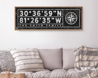 Lake House Coordinates Sign, Vintage Black with Compass Rose (Custom Sizes)