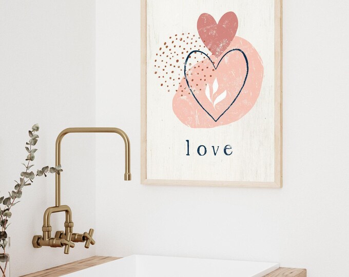 boho heart canvas sign > vintage love print for valentine's day, romantic bohemian decor, dusty coral pink & navy, modern wall decor {VAL04}