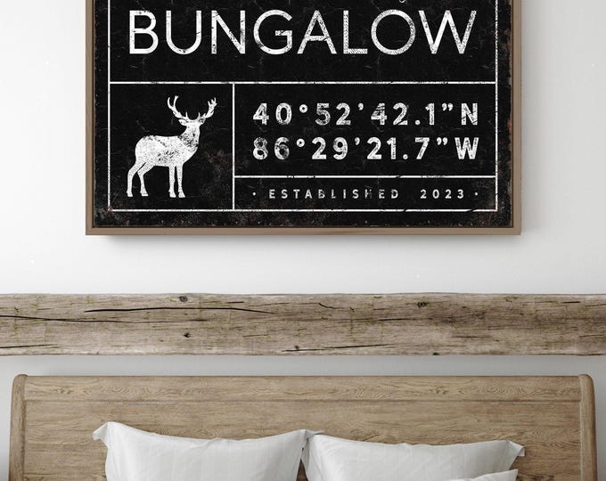 Grochocki Family Bungalow Sign, Personalized Coordinates Print, Custom Lake House Wall Art