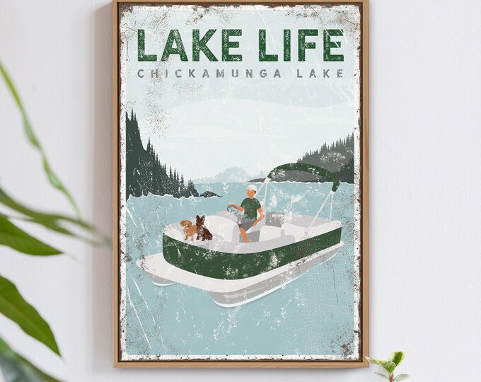 Personalized Lake House Sign: Vintage Pontoon Boat, Dog Lover Art