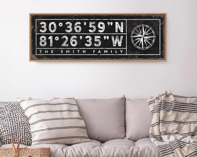 Lake House Coordinates Sign, Vintage Black with Compass Rose (Custom Sizes)