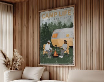 Vintage CAMP LIFE Poster, Gift for Couple that has a Camper, Can be Personalized, Camp Life is the Best Life, Yellow Accent, Fall Decor