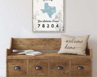 Custom Family Name Sign - Blue Boho Farmhouse Zip Code Wall Decor