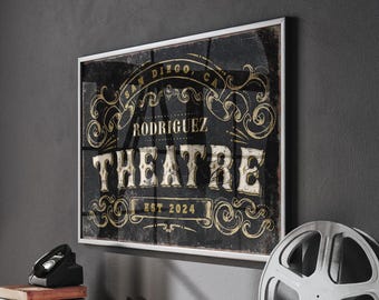 Theatre and Lounge Sign: Personalized Rustic Decor (Metal or Canvas)