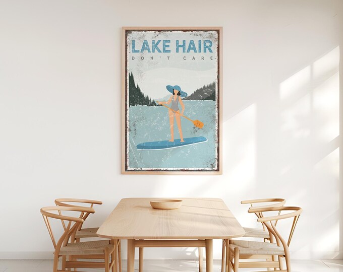 Paddle Lake Sign, Pale Blue Paddleboard Scene, Personalized Lake Hair Don't Care Art