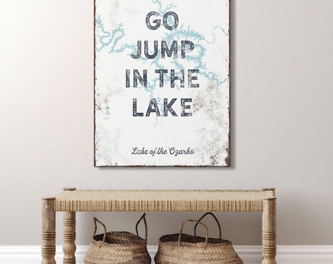 Go Jump In The Lake, Light Blue Dark Gray Map Silhouette, Custom Lake Name Art