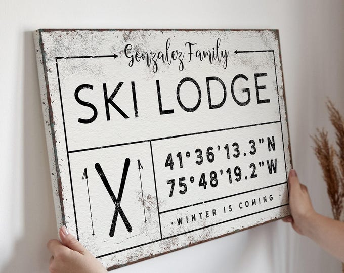 Family Name Sign: Vintage Ski Lodge Decor (Custom Coordinates, Canvas)