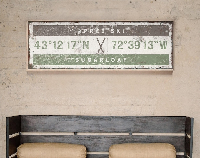 Vintage Apres Ski Sign: Personalized GPS Coordinates, Brown & Green