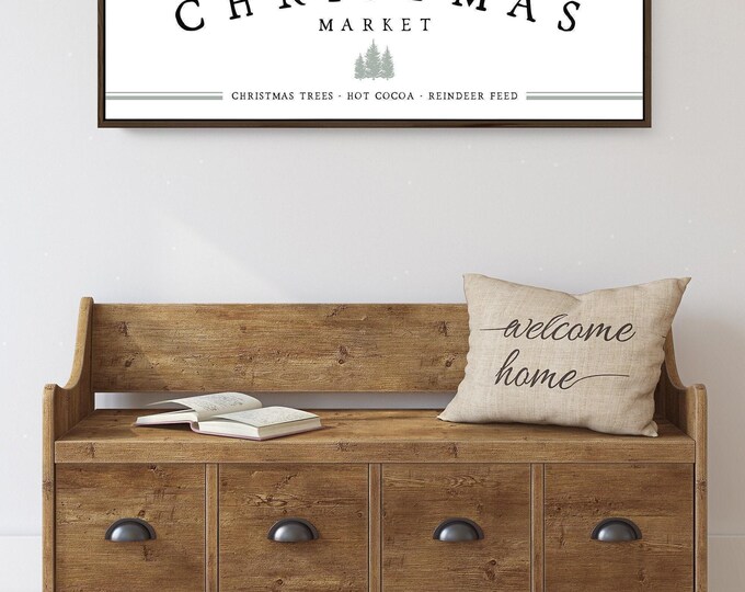 Vintage Christmas Market Sign - Sage Green Accent, Framed Wall Art