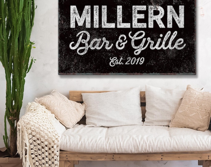 Home bar beverage sign, custom family name with city and est year