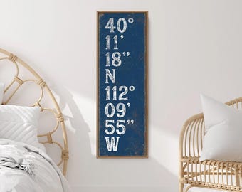 Nautical Coordinates Canvas, Vintage Typography, Navy Blue (Custom Size)