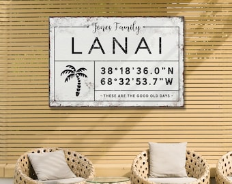 Personalized Lanai Sign: Family Name, Coordinates, Palm Tree Art