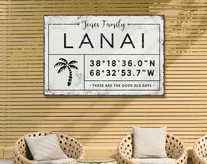 Personalized Lanai Sign: Family Name, Coordinates, Palm Tree Art