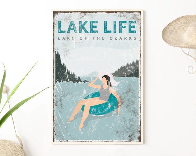 Retro Lake Sign: Teal Blue Vintage Style