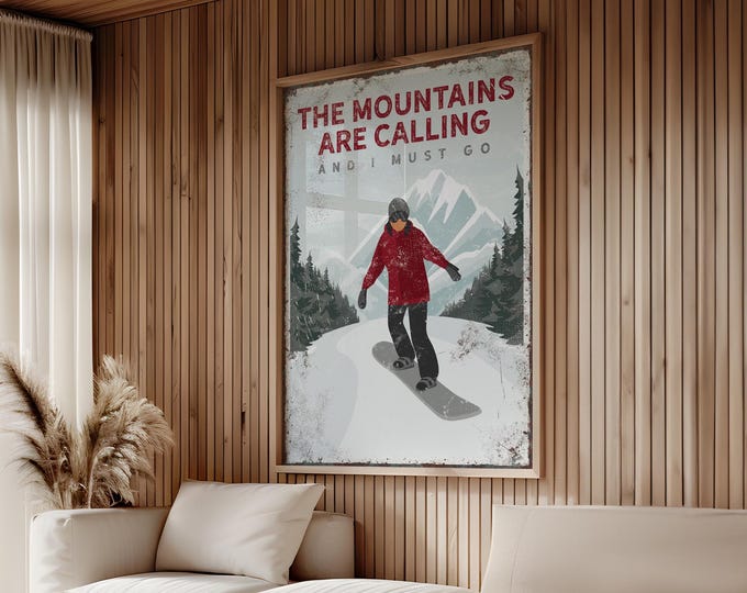 Vertical Ski Wall Decor, The Mountains are Calling Sign in Maroon, Female Snowboarder, Snowboard House Decor, Snowboard Gift for Her