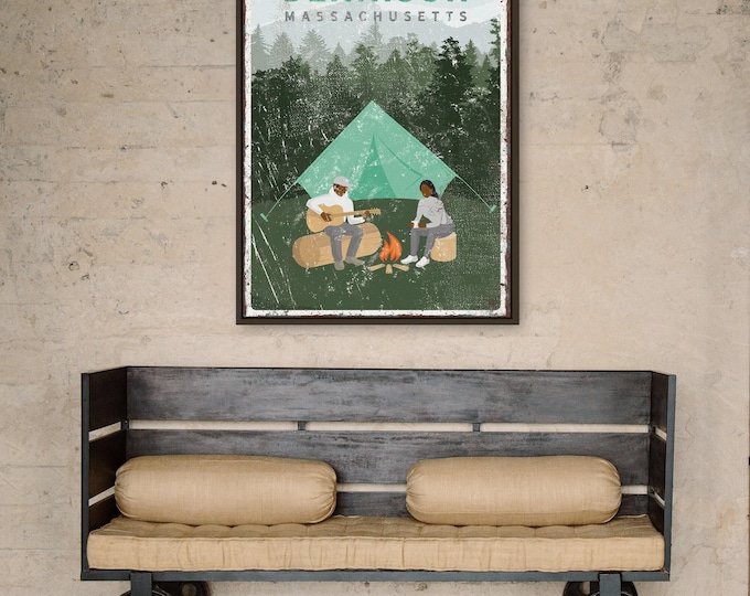 Rustic Cabin Sign with Campfire Scene, Personalized Camp Name Wall Art, Green Vintage Camping Decor