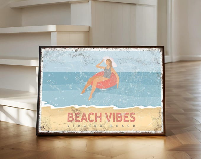 Vintage Coral Beach Print, Beach Vibes Custom Town Name Wall Art, Retro Metal Look Sign