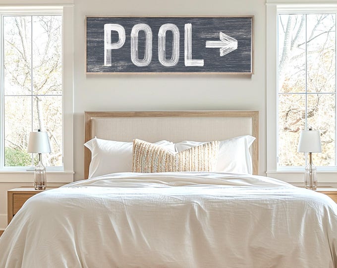 Large POOL sign with arrow > vintage pool directional art, hale navy sign for above door or above couch, gift for new homeowners {pwo}
