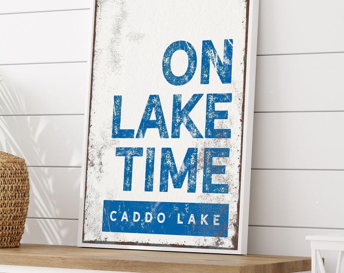 Lake Name Art, Blue and White Banner Sign, Custom Lakefront Cottage Gift