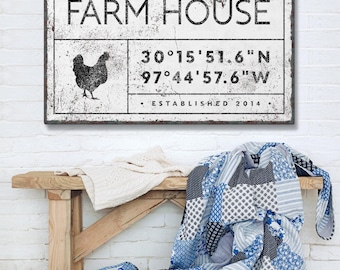 Rustic Farmhouse Canvas Print - Custom Family Name and Coordinates