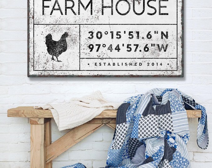 Rustic Farmhouse Canvas Print - Custom Family Name and Coordinates