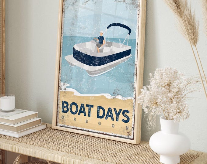 personalized BOAT DAYS sign with navy accent, vintage pontoon boat poster, personalized beach house canvas prints, beach house decor {vpb}