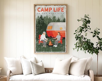 Camp Life Mountain Cabin Sign, Marshmallows by the Fire, Red Vintage Camper Scene