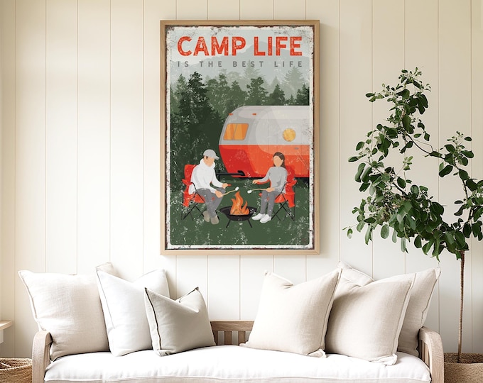 Camp Life Mountain Cabin Sign, Marshmallows by the Fire, Red Vintage Camper Scene