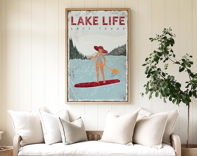 Lake Life Wall Decor, Lake Tahoe Paddleboard Woman In Red, Custom Lake Lover Gift