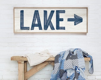 Arrow Sign Lake Wall Art, Pointing Right, Navy And White, Custom Direction For Your Lake