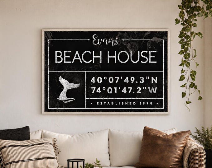 Beach House Sign Personalized With Your Coordinates, Black and White Wall Art