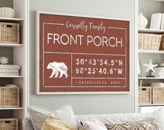 Custom Last Name Wall Sign: Cabin Decor (Coordinates & Bear Icon)