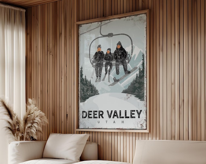 Ski Lift Poster, Custom Ski Chairlift Art, Family of 3 Winter Ski Decor, Personalized Ski Lodge Wall Art, Deer Valley Utah, Gift for Skiers