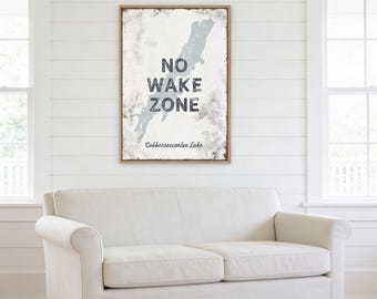 No Wake Zone Canvas Sign: Custom Lake Art, Distressed Gray