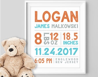 birth stats sign / personalized nursery poster / custom wall art print / ORANGE BLUE GRAY nursery boy ▷ Paper, Canvas {or} Printable