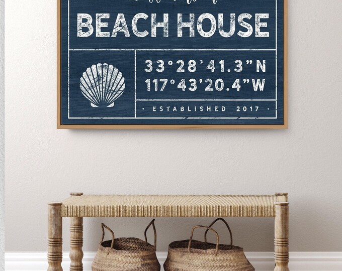 Custom Beach House Sign, Nautical Coordinates, Family Name Canvas