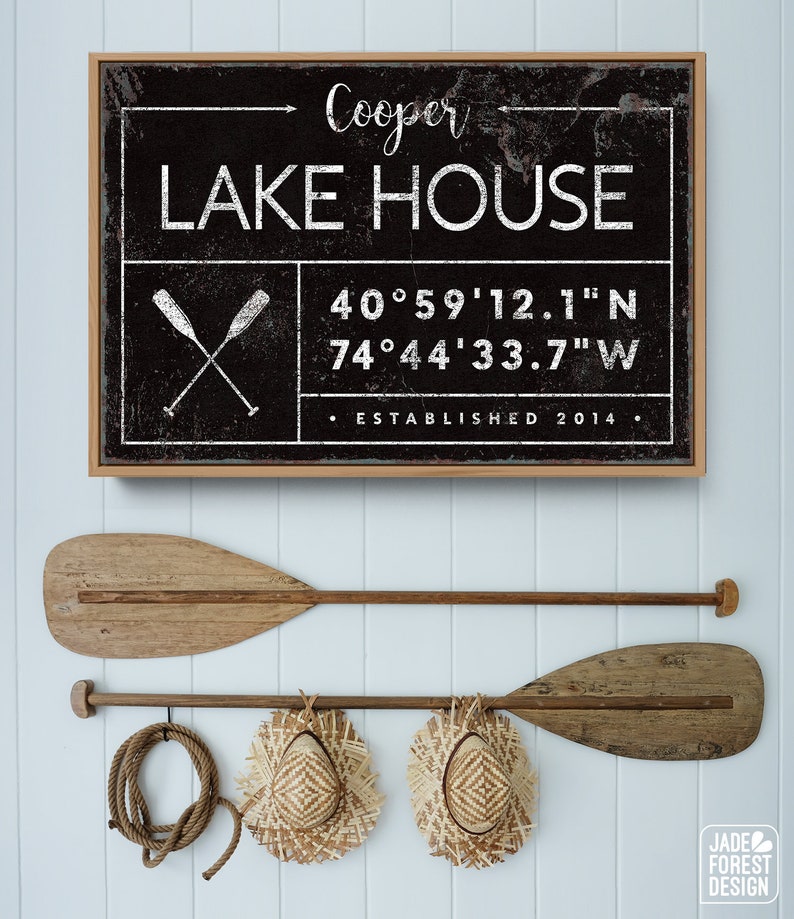 personalized lake house sign, rustic last name canvas for lakehouse, custom GPS location coordinates, black boho farmhouse wall art GDB image 1