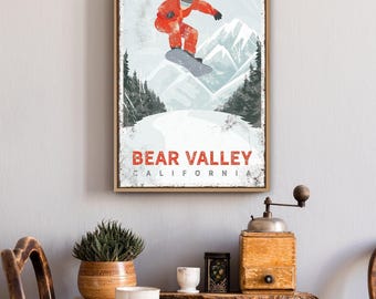 Bear Valley Ski Sign, Burnt Orange Snowboarder Wall Art, Personalized Resort Decor