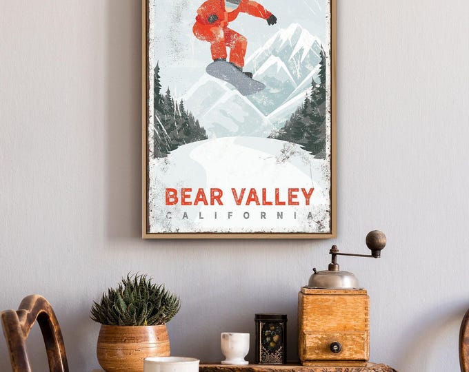 Bear Valley Ski Sign, Burnt Orange Snowboarder Wall Art, Personalized Resort Decor