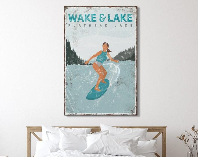 Wake Surfing Wall Art: Personalized Vintage Lake Sign - Wake & Lake, or Custom Text
