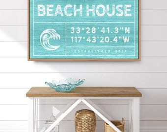 aqua BEACH HOUSE sign > personalized family name canvas for beachhouse decor, large coordinates print, framed ocean wave wall art {gdo}