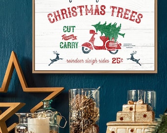 Holiday Home Decor, Farm Fresh Christmas Trees Sign with Red Scooter and Reindeer, Rustic Art