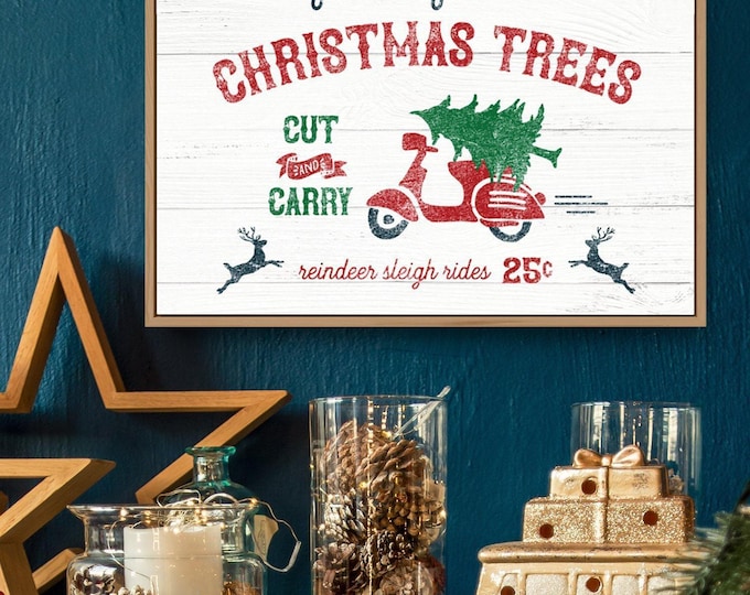 Holiday Home Decor, Farm Fresh Christmas Trees Sign with Red Scooter and Reindeer, Rustic Art