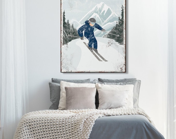 Vintage Ski Sign Canvas: Distressed Mountain Art, Personalized