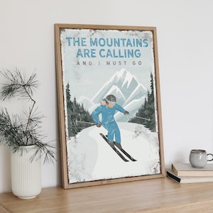 Cerulean Mountains Ski Print - Rustic Winter Cabin Decor
