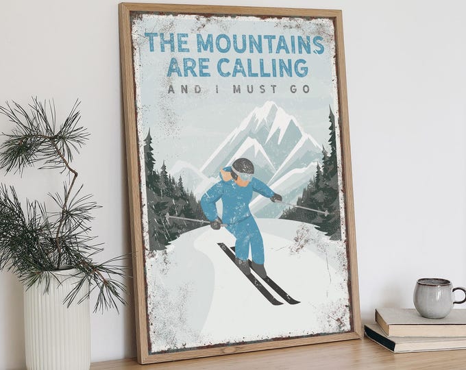 Vertical Mountains are Calling Print in Cerulean, Woman Skiing Sign, Vintage Ski Decor, Custom Winter Home Decor, Farmhouse Ski Decor